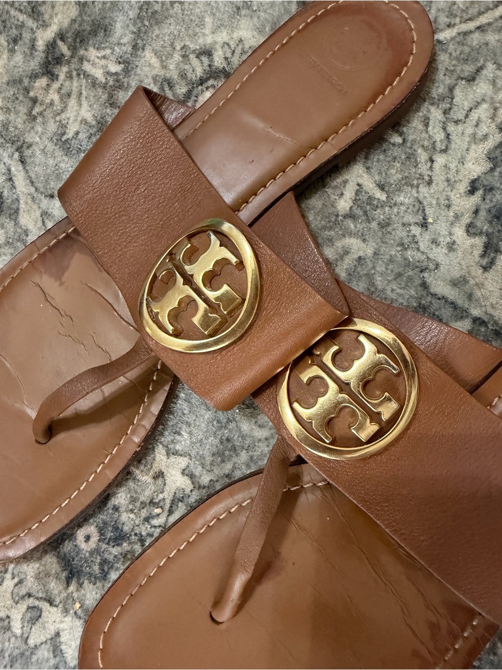 Tory Burch Brown Leather Thong Sandals with Gold Logo Medallions